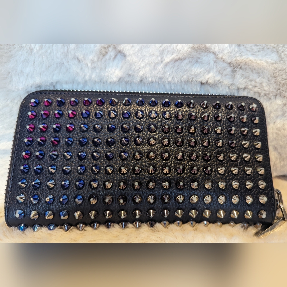 Christian Louboutin Black Leather Spike Wallet with Multicolor Spikes Zip!
